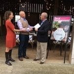 Award sponsor Brad Beck, PFCI, right, of Design Master color tool, inc, and Floral Management Editor in Chief and SAF Chief Content Officer Kate Penn went to the American Grown Field to Vase dinner in Waterford, Virginia, to presented the $5,000 cash prize to Marketer of the Year award winner Kasey Cronquist, PFCI.