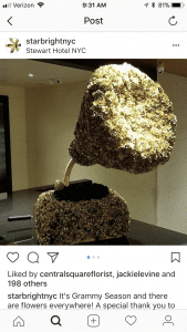 Nic Faitos, senior partner at Starbright Floral Design, got his first call for a white rose boutonniere on Thursday before the show. In addition to providing flowers for the team at E! Entertainment, Starbright also created a gramophone and record out of flowers for the Stewart Hotel, the Grammy's official hotel.